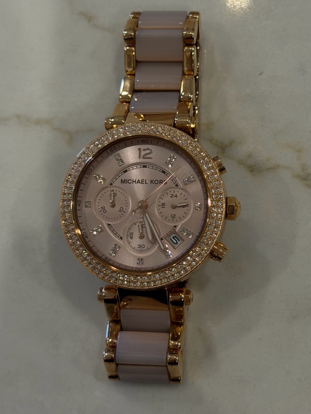 Michael Kors MK5896 Rose Gold & Blush Pink Chronograph Watch Crystal Bezel - Picture 1 of 7